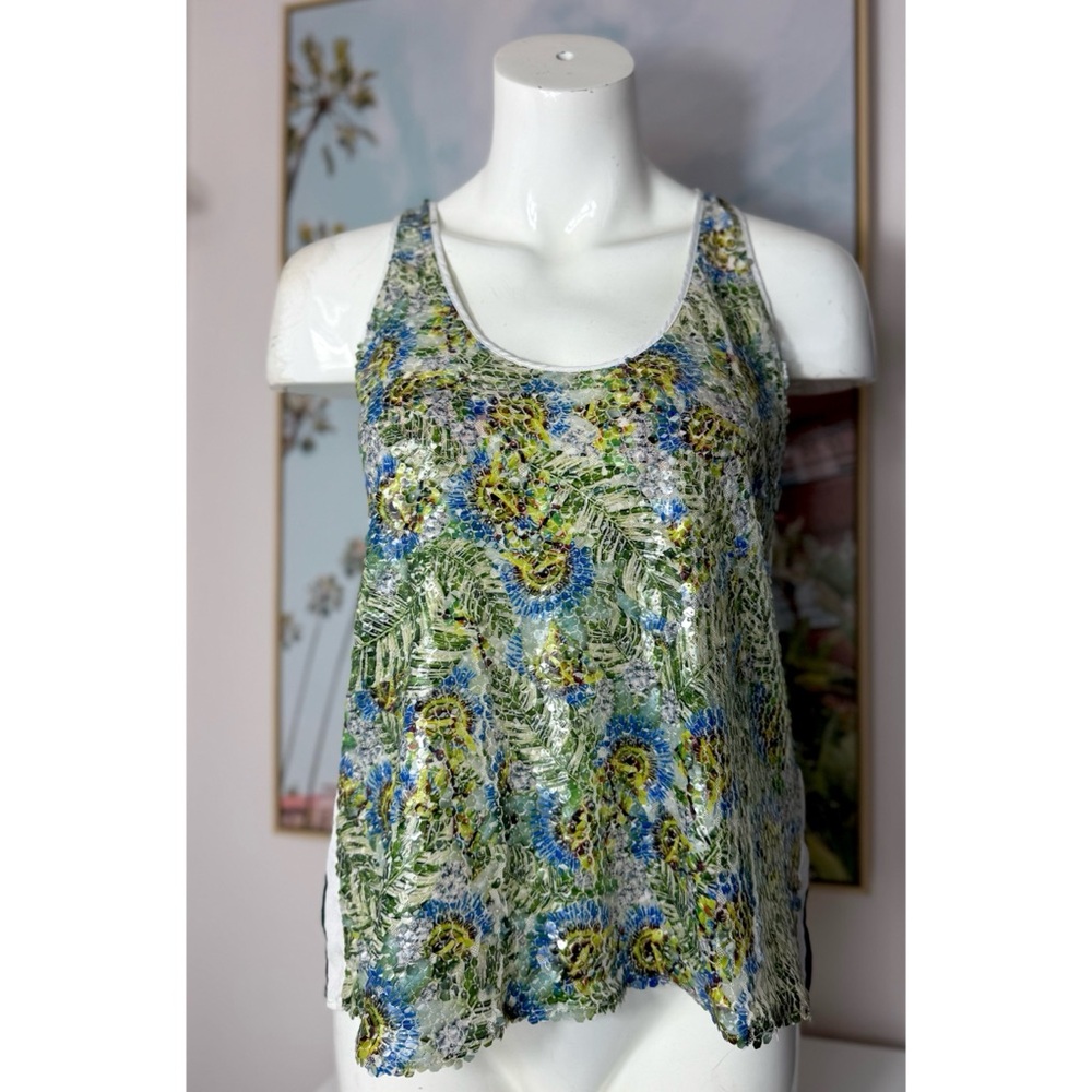 Clover Canyon Green Blue Leaf Sequin Sheer Sleeveless Tank Top Blouse Sz Small
